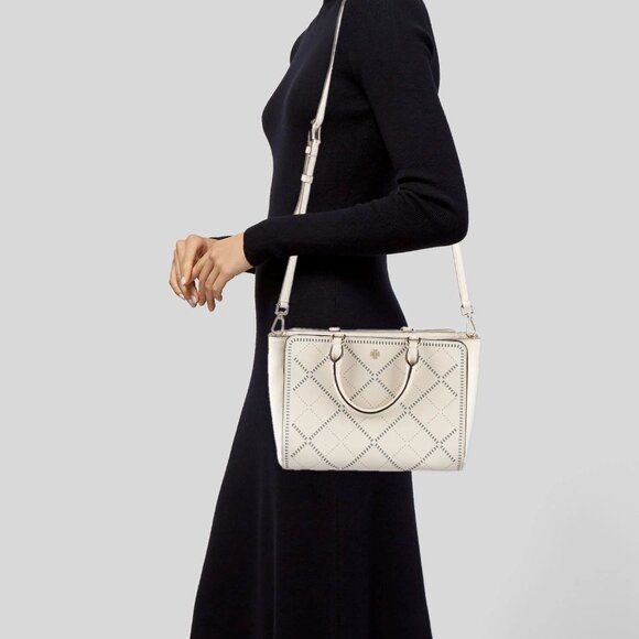 Tory Burch Robinson Crosshatch Leather Satchel Bag Ivory Riviera Blue Handbag NW - Picture 2 of 6